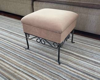 Tan Upholstered Storage Footstool with Scroll Iron Base