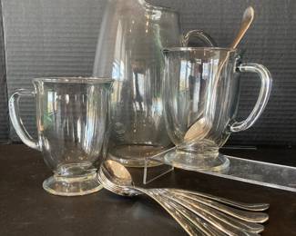Clear Glass 2L Pitcher Two Footed Mugs Seven Silver Spoons Tea Coffee Set
