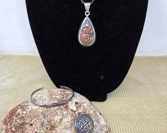 Sterling Silver Jewelry Lot – Heavy Stone Pendant, Cuff Bracelet & Celtic Pin