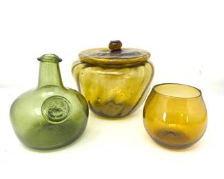 Hand Blown Art Glass Lot – Lidded Vessel, Green Bottle Vase & Amber Candle Holder