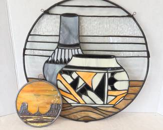 -2 Leaded Stained Glass Panels Southwestern Pottery & Monument Valley Suncatchers