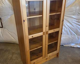 -Solid Pine Glass Door Display Cabinet with Adjustable Shelves - Furniture Bookshelves Display
