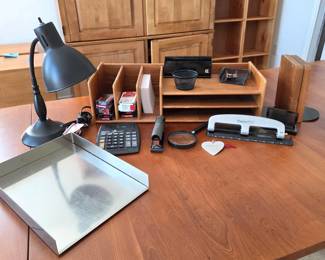 Office Desk Accessories & Organizer Lot – Lamp, Wood Organizer, PaperPro, Calculator & More -