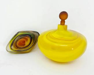 Crate & Barrel Yellow Art Glass Lidded Vase & Multicolor Hand Blown Glass Paperweight