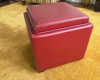 Crate & Barrel Red Leather Storage Ottoman with Reversible Serving Tray - 18" Square - Furniture