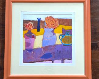 Original Ann Sank White Signed Acrylic on Board Framed Still Life Painting 17" x 17" Wall Art