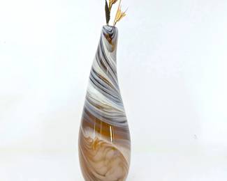 -Hand-Blown Swirl Art Glass Vase – Gray, White & Amber – 15" Tall