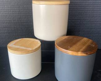 Crate and Barrel Ceramic Canister Set Bamboo Lids Kitchen Storage Modern Locking Lids