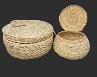 Pair of Handwoven Natural Fiber Lidded Storage Baskets with Attached Lids
