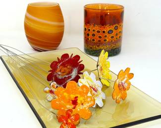 Art Glass Decor Collection – Hand Blown Vase, Sunflower Candle Holder, Glass Platter & Metal Flowers