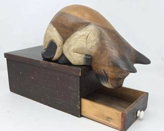 -German Hand Carved Wooden Cat Shelf Sitter Sculpture with Vintage Storage Box