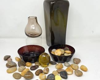 Hand Blown Art Glass Decor Lot with River Rocks, Bowls & Amber Egg