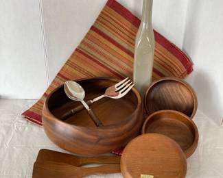 Vintage Teakwood Salad Bowl Set Thailand Wooden Serving Bowl Utensils Mid Century Modern