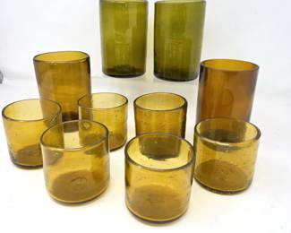 Hand-Blown Amber Bubble Glasses – 9-Piece Mid-Century Style Drinkware Set