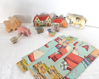 Vintage Wooden Children's Toys – Elephant Puzzle, Farm Animals, Alphabet Cards & More
