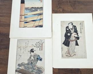 Collection of 3 Matted Japanese Woodblock Style Rice Paper Art Prints