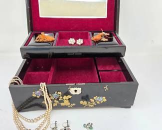 Japanese Black Lacquer Jewelry Box with Sterling Earrings & Faux Pearl Necklace