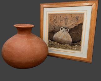 -Authentic Bilson Kee Navajo Sand Painting & Large Mexican Pottery Vessel