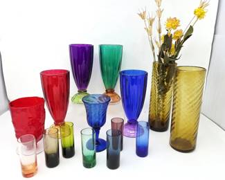 Hand Blown Art Glass Vases, Heavy Colored Footed Goblets & Shot Glass Lot