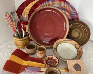 Pier 1 Imports Kitchen Utensils Set Ceramic Pottery Bowls Silicone Spatulas Woven Placemats Vintage