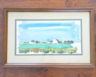 Original Unsigned Watercolor Farm Landscape Framed Painting 20x31 - Wall Art