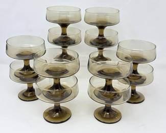 Set of 12 Vintage Smoky Olive Green Glass Footed Dessert Compote Bowls