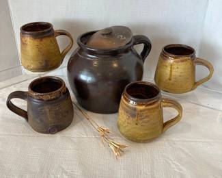 Vintage Stoneware Tea Set Brown Yellow Glazed Pottery Handcrafted Mugs Mid Century