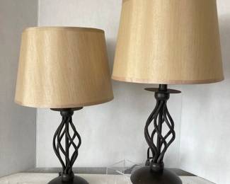  Pair 17 Inch Bird Cage Table Lamps Metal Base Beige Shade