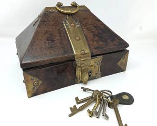 Antique Brass-Bound Wooden Lock Box with Decorative Skeleton Keys Decor