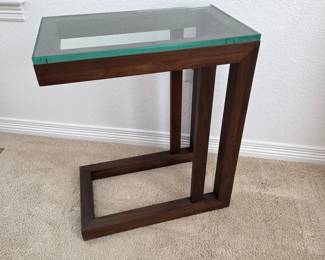 Modern Walnut C-Table with Thick Glass Top -