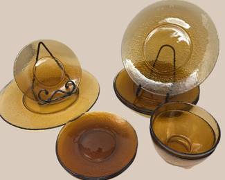 11-Piece Amber Hammered Glass Dinnerware Set with Platter, Plates & Bowls