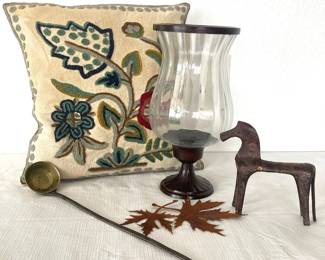  Handmade Crewel Embroidered Pillow Iron Horse Metal Figurine Hurricane Glass Candle Holder 12 Inch Brass Ladle
