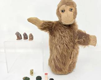 Vintage Farnell's Alpha Toys Monkey Puppet with Carved Stone Monkey Figurines