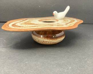 Handmade Mid Century Pottery Flower Frog Vase Kotobuki Japan White Bird Ceramic Brown Beige 9x7x2