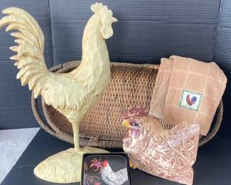  Hand Carved Wood Rooster Hen Figurines Wicker Basket 19 Inch Rustic Farmhouse Decor Williams Sonoma Coasters