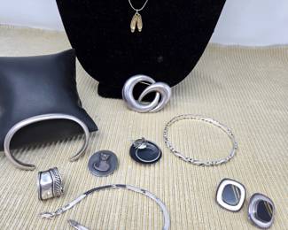 -Sterling Silver Jewelry Lot – Cuff Bracelet, Ring, Cat Pins, Necklace & More - Ballet Pendant