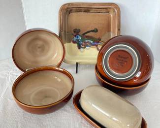 Sango Nova Brown Ceramic Bowls Butter Dish Square Plate Mid Century 8 Inch