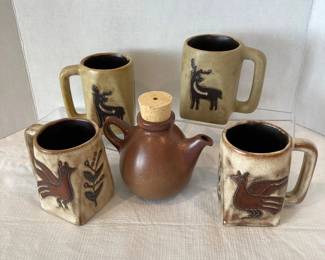 Heath USA Ceramic Teapot Set Mid Century Modern Stoneware Mugs Folk Art