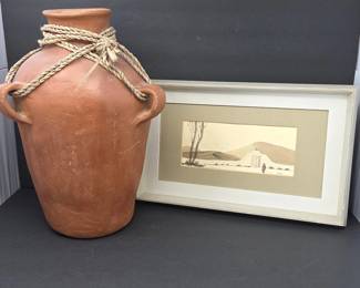 Large Mexican Terracotta Floor Vase & Signed Original Southwest Watercolor by Ewen