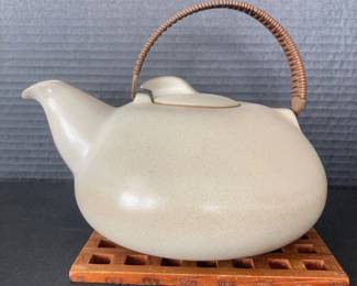 Vintage Ceramic Teapot Leather Wrapped Handle Mid Century Modern 9 Inch With Wooden Trivet