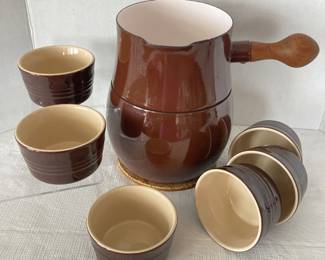  Dansk / Le Creuset Double Boiler Ramekin Ceramic Pot Wooden Handle Brown Beige Vintage