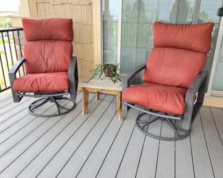 Tropitone Outdoor Swivel Rocking Chairs with Solid Wood Patio Table