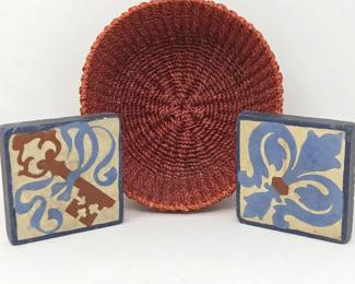 Decorative Woven Basket with Two Hand-Painted Antique Architectural Ceramic Tiles