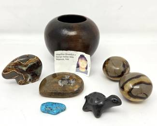 Navajo Pot by Magdline Bizardi with Septarian, Ammonite & Stone Carvings