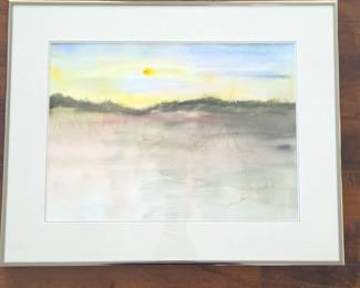 Lee Anne F. Geiger Signed Original Watercolor "Sunset Over the Lake" Framed Painting - Wall Art
