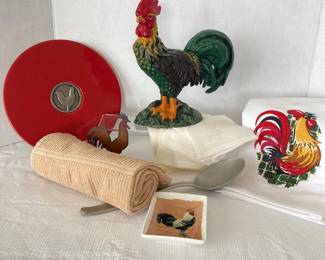  Vintage Rooster Door Stop Kitchen Decor Ceramic Trivet Metal Spoon Linen Napkins Magnet Dish TowelRustic Style