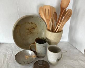  Vintage Ceramic Pottery Bowl Cups Wooden Spoon Utensil Set Mid Century Modern