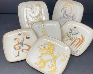 Vintage Gliddon Peruvian? Pottery Dessert Plates Set 6 Hand Painted Circus Animals 4 Inch