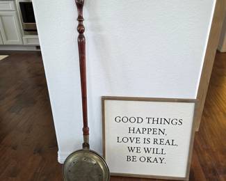 -Vintage Brass Bed Warmer & Framed Inspirational Wall Art