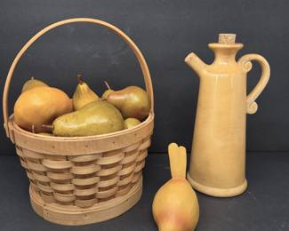 Pier 1 Gold Pitcher, Basket w/ Faux Pears & Wooden Bird Decor Lot